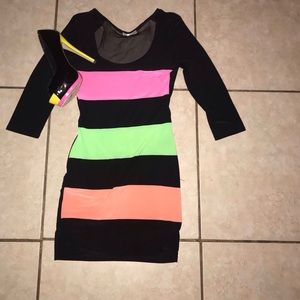 Multiple color dress with matching shoes.